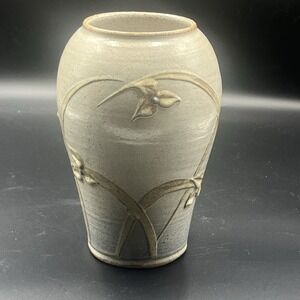 Tall Vintage Pottery Hand Thrown Vase With Applied Raised Flowers